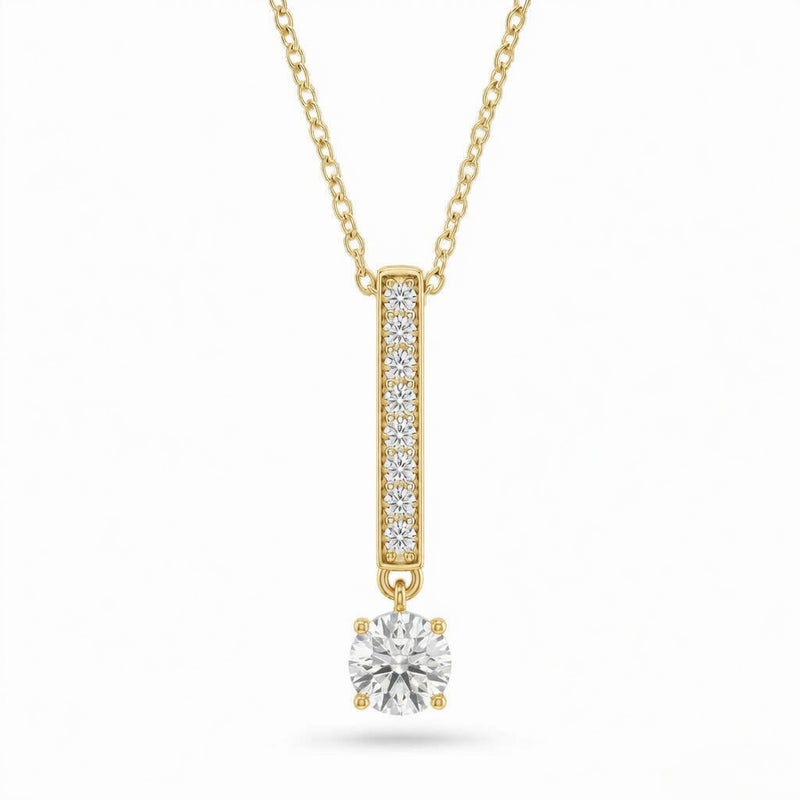 Yellow Gold Round Brilliant Zymeris Diamond Vertical Bar Drop Pendant Necklace With Pavé Set Slim Bar And Solitaire Prong Drop
