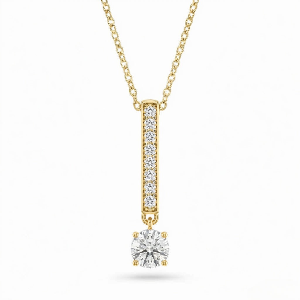 Yellow Gold Round Brilliant Zymeris Diamond Vertical Bar Drop Pendant Necklace With Pavé Set Slim Bar And Solitaire Prong Drop