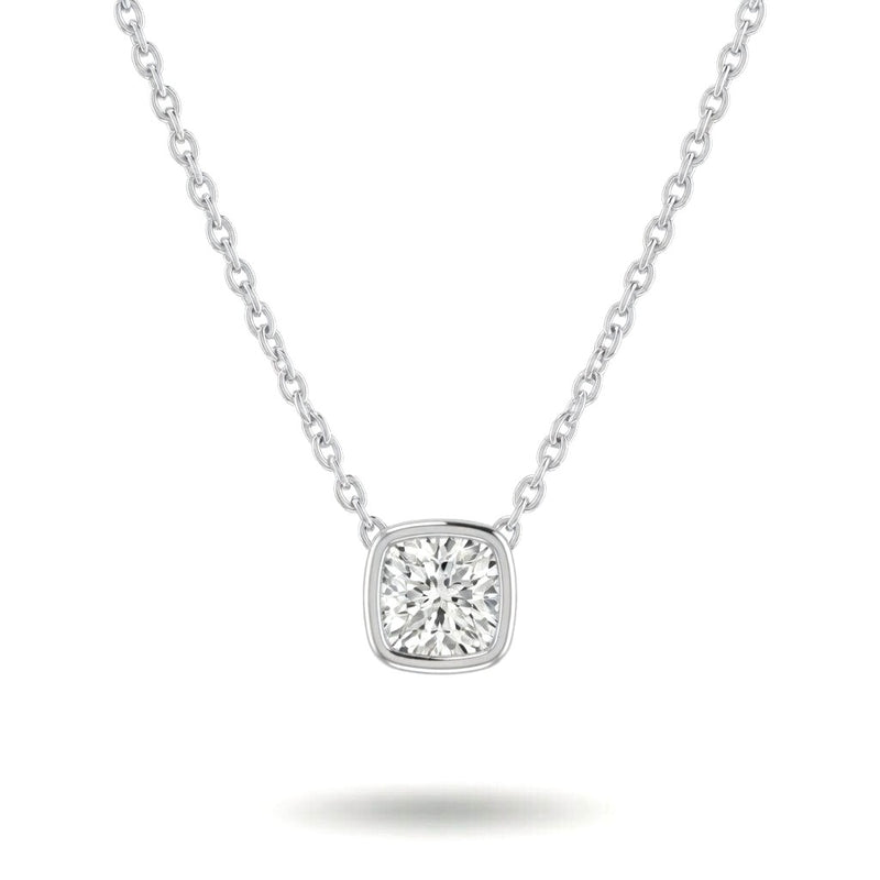 White Gold Cushion Brilliant Orlisse Diamond Bezel Set Solitaire Pendant Necklace With Minimal Floating Design