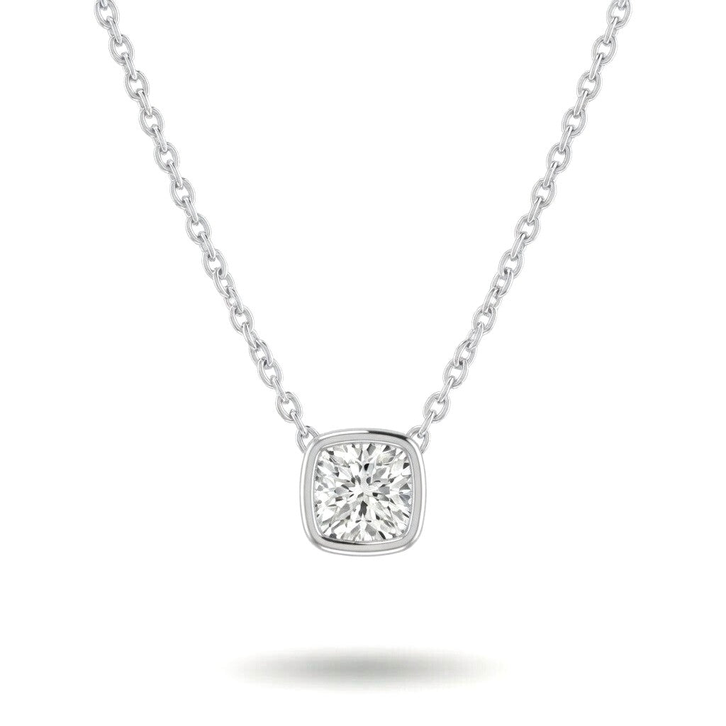 White Gold Cushion Brilliant Orlisse Diamond Bezel Set Solitaire Pendant Necklace With Minimal Floating Design