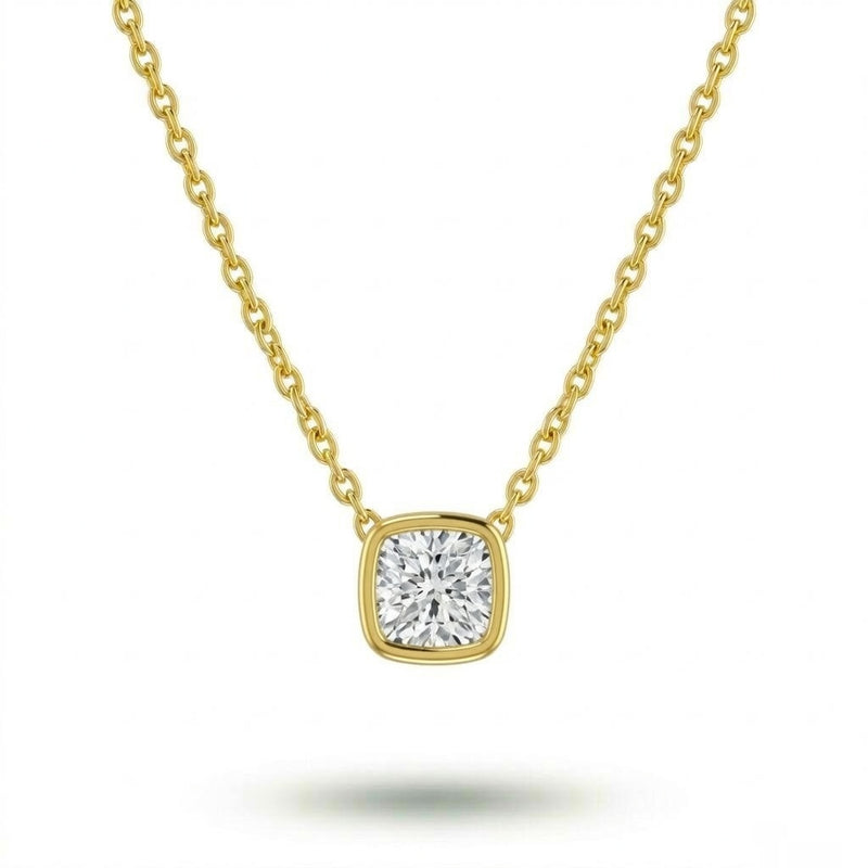 Yellow Gold Cushion Brilliant Orlisse Diamond Bezel Set Solitaire Pendant Necklace With Minimal Floating Design