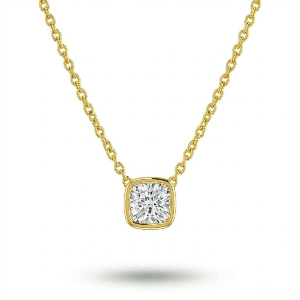 Yellow Gold Cushion Brilliant Orlisse Diamond Bezel Set Solitaire Pendant Necklace With Minimal Floating Design