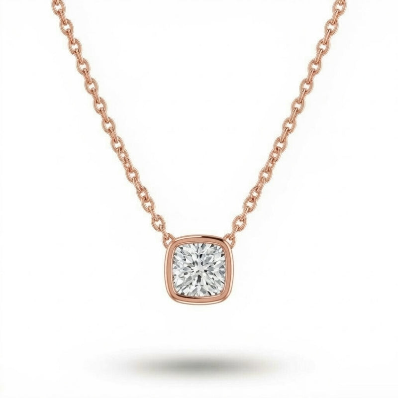 Rose Gold Cushion Brilliant Orlisse Diamond Bezel Set Solitaire Pendant Necklace With Minimal Floating Design