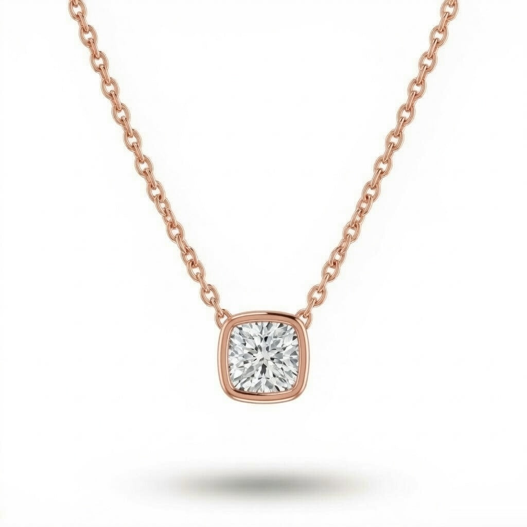 Rose Gold Cushion Brilliant Orlisse Diamond Bezel Set Solitaire Pendant Necklace With Minimal Floating Design