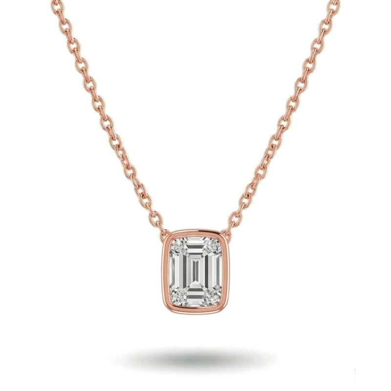 Rose Gold Emerald Brilliant Orlisse Diamond Bezel Set Solitaire Pendant Necklace With Minimal Floating Design
