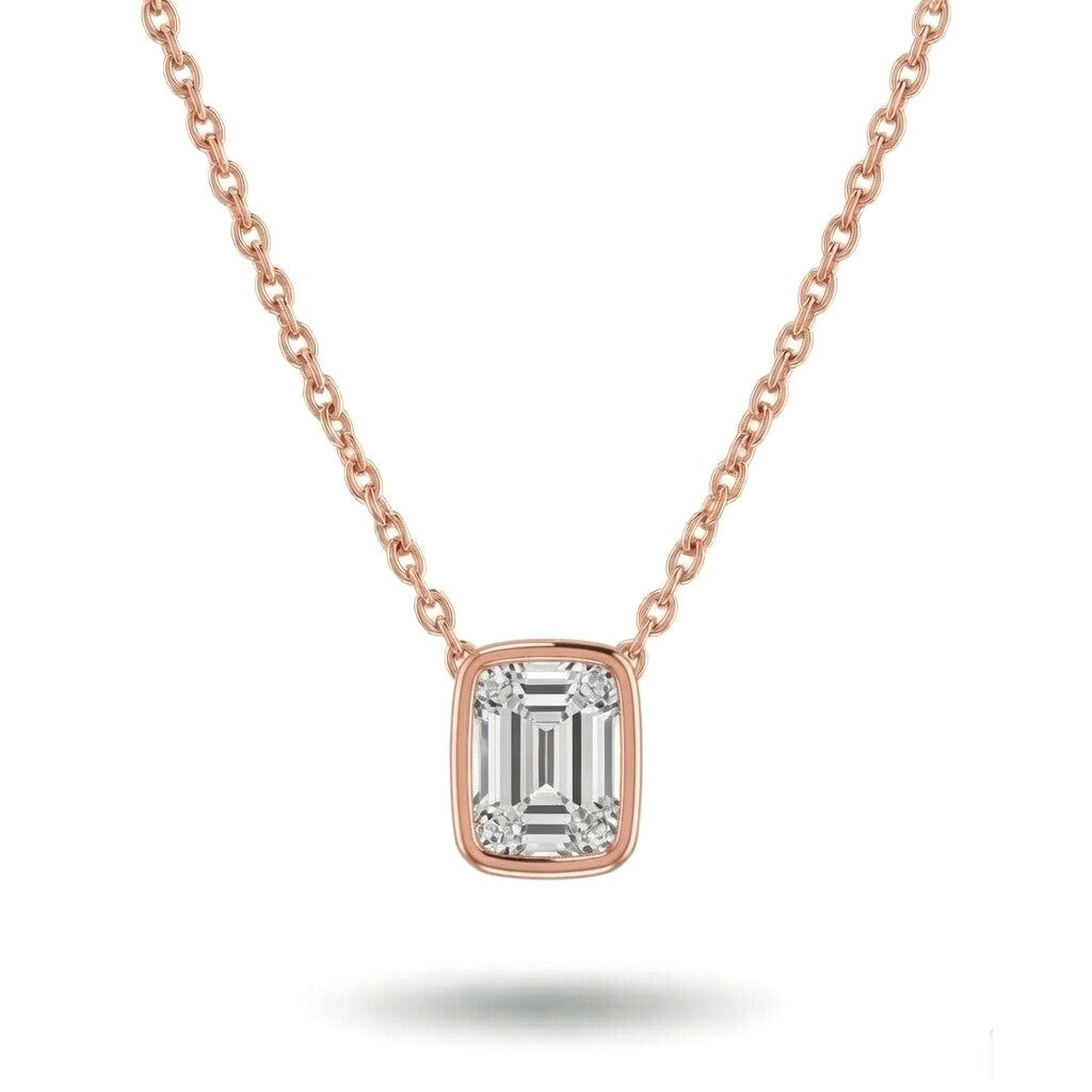 Rose Gold Emerald Brilliant Orlisse Diamond Bezel Set Solitaire Pendant Necklace With Minimal Floating Design