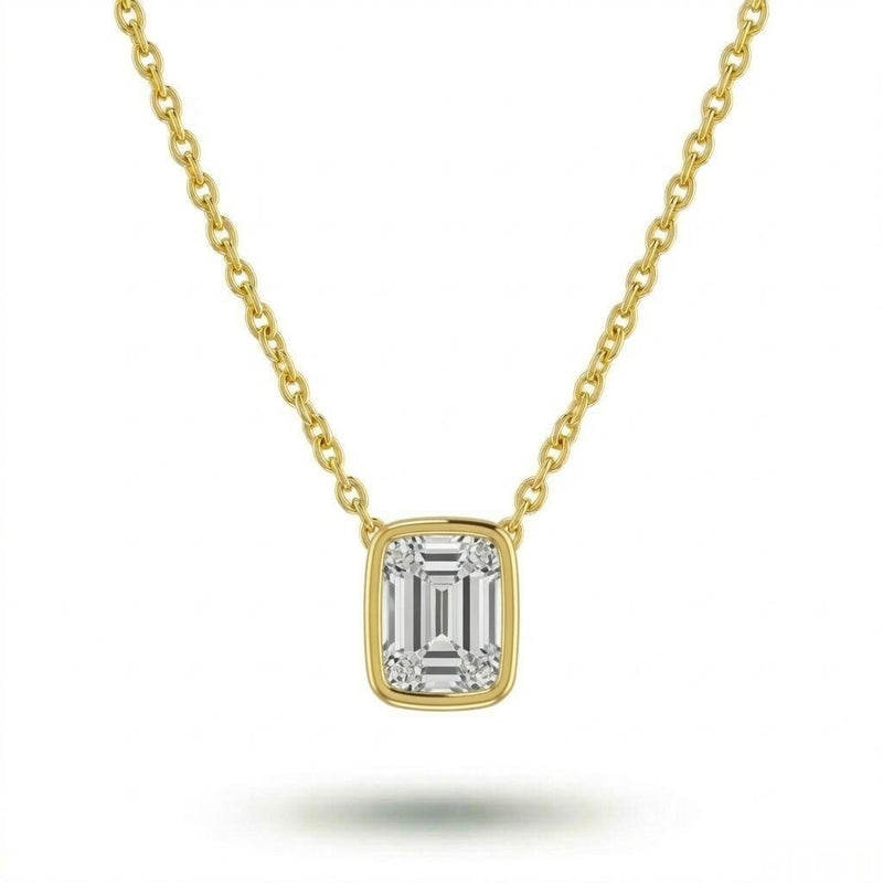 Yellow Gold Emerald Brilliant Orlisse Diamond Bezel Set Solitaire Pendant Necklace With Minimal Floating Design