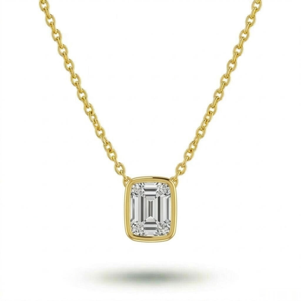 Yellow Gold Emerald Brilliant Orlisse Diamond Bezel Set Solitaire Pendant Necklace With Minimal Floating Design