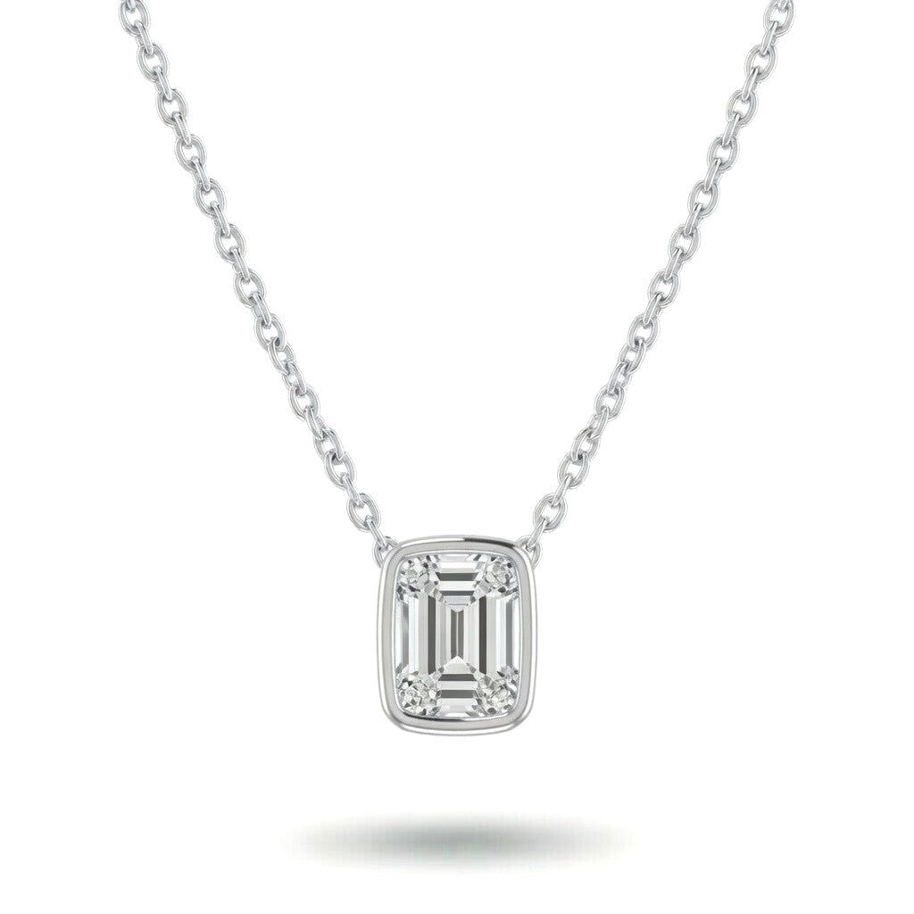 White Gold Emerald Brilliant Orlisse Diamond Bezel Set Solitaire Pendant Necklace With Minimal Floating Design