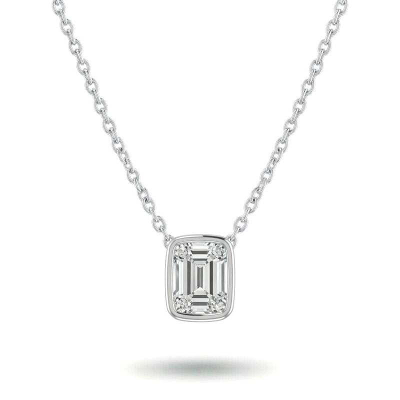 Silver Emerald Brilliant Orlisse Diamond Bezel Set Solitaire Pendant Necklace With Minimal Floating Design