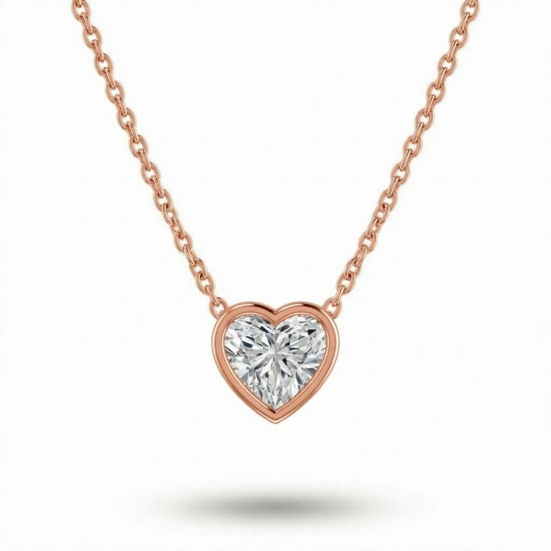 Rose Gold Heart Brilliant Orlisse Diamond Bezel Set Solitaire Pendant Necklace With Minimal Floating Design