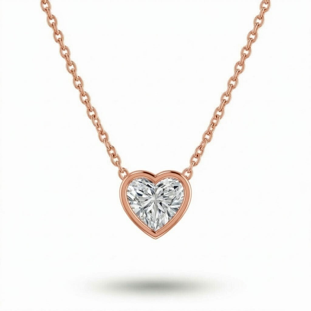 Rose Gold Heart Brilliant Orlisse Diamond Bezel Set Solitaire Pendant Necklace With Minimal Floating Design