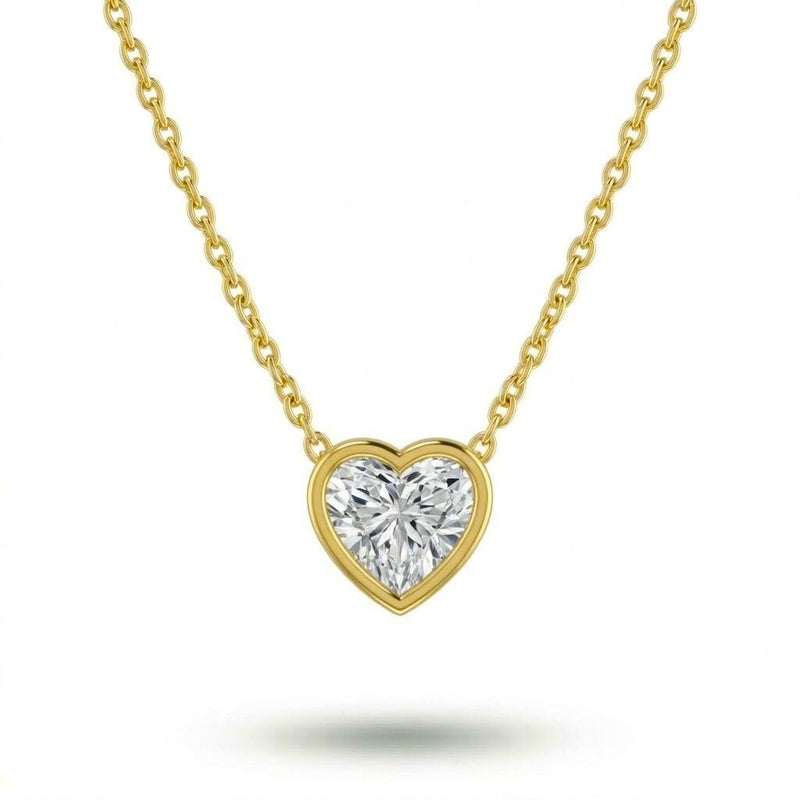 Yellow Gold Heart Brilliant Orlisse Diamond Bezel Set Solitaire Pendant Necklace With Minimal Floating Design