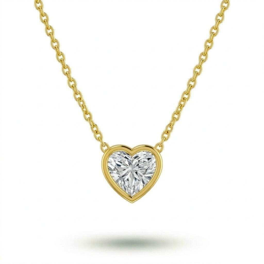 Yellow Gold Heart Brilliant Orlisse Diamond Bezel Set Solitaire Pendant Necklace With Minimal Floating Design