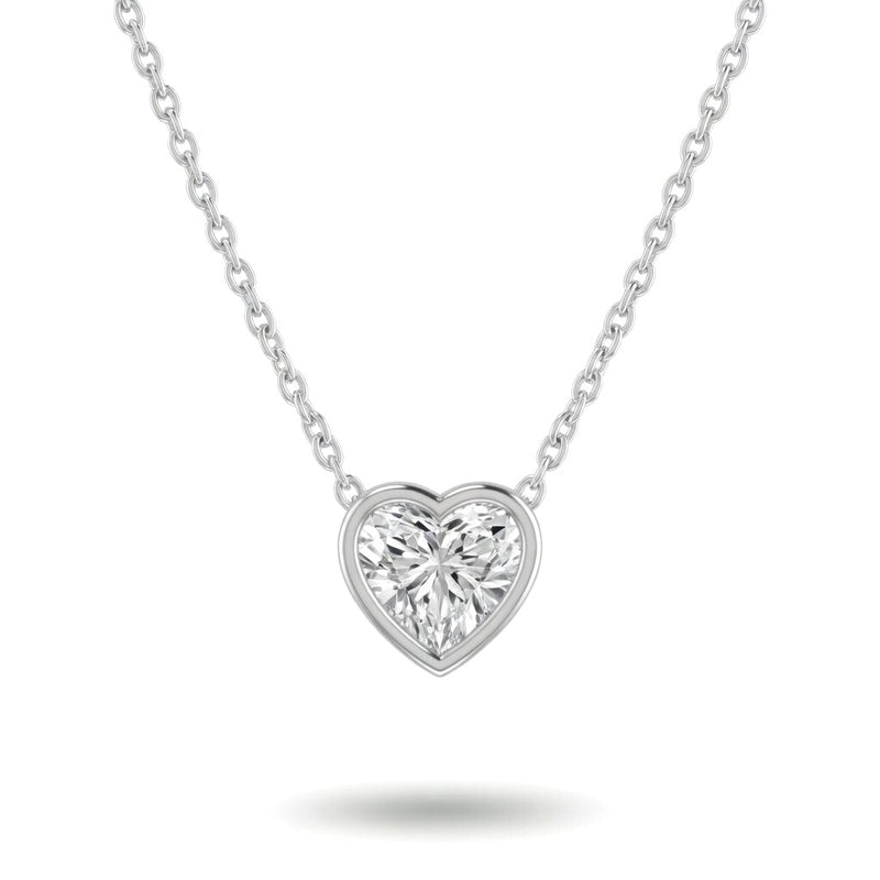 White Gold Heart Brilliant Orlisse Diamond Bezel Set Solitaire Pendant Necklace With Minimal Floating Design