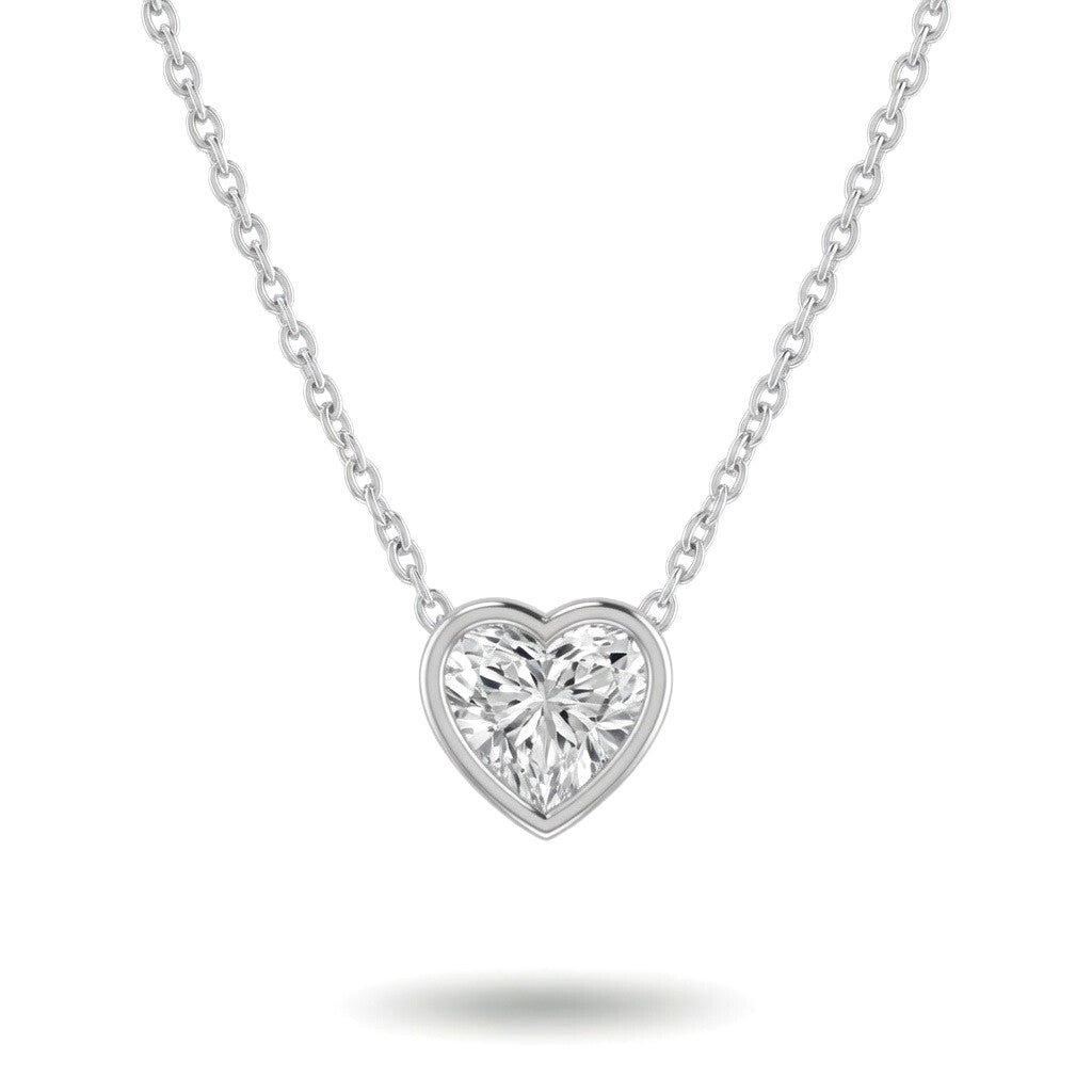 White Gold Heart Brilliant Orlisse Diamond Bezel Set Solitaire Pendant Necklace With Minimal Floating Design
