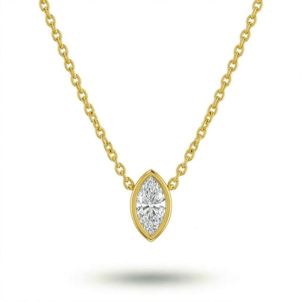 Yellow Gold Marquise Brilliant Orlisse Diamond Bezel Set Solitaire Pendant Necklace With Minimal Floating Design