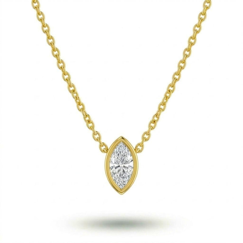 Yellow Gold Marquise Brilliant Orlisse Diamond Bezel Set Solitaire Pendant Necklace With Minimal Floating Design