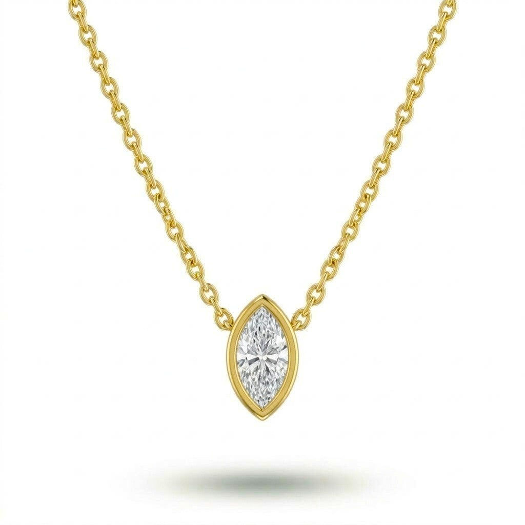 Yellow Gold Marquise Brilliant Orlisse Diamond Bezel Set Solitaire Pendant Necklace With Minimal Floating Design