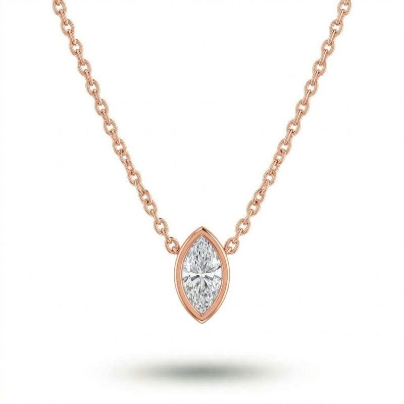 Rose Gold Marquise Brilliant Orlisse Diamond Bezel Set Solitaire Pendant Necklace With Minimal Floating Design