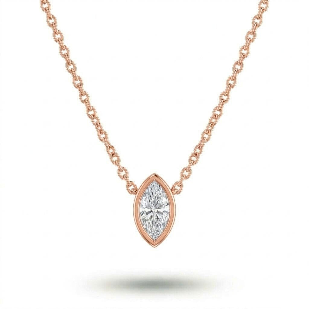 Rose Gold Marquise Brilliant Orlisse Diamond Bezel Set Solitaire Pendant Necklace With Minimal Floating Design