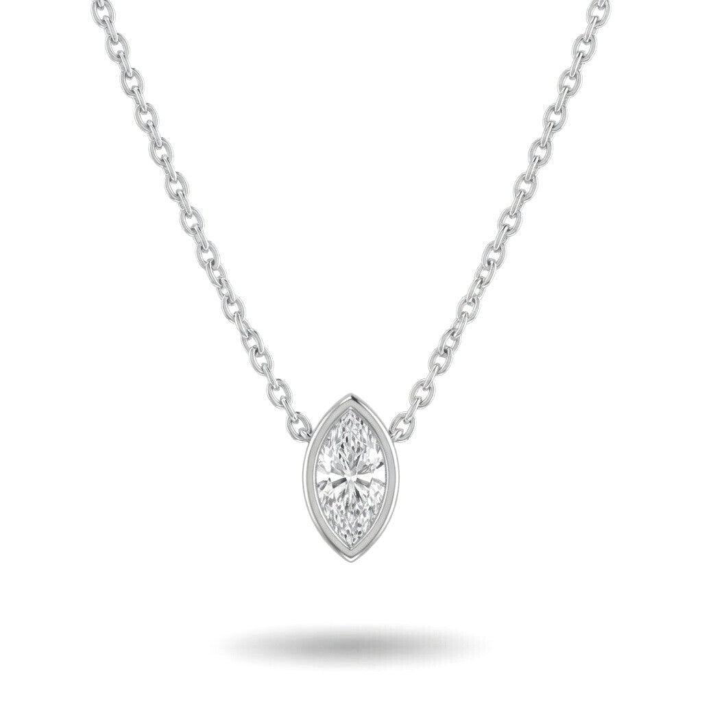 Silver Marquise Brilliant Orlisse Diamond Bezel Set Solitaire Pendant Necklace With Minimal Floating Design