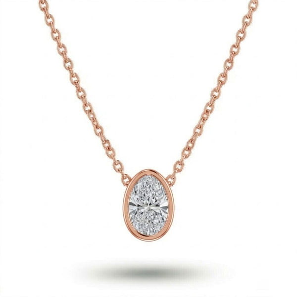 Rose Gold Oval Brilliant Orlisse Diamond Bezel Set Solitaire Pendant Necklace With Minimal Floating Design