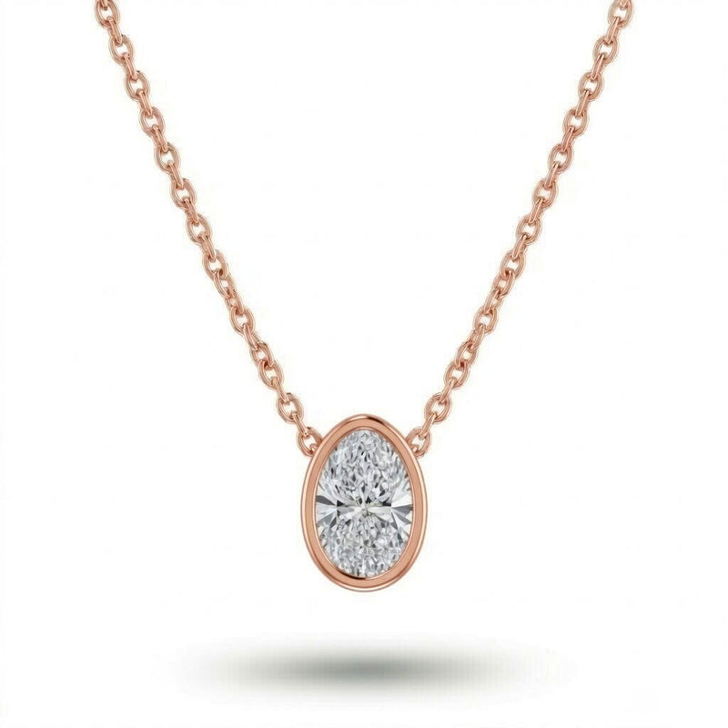 Rose Gold Oval Brilliant Orlisse Diamond Bezel Set Solitaire Pendant Necklace With Minimal Floating Design