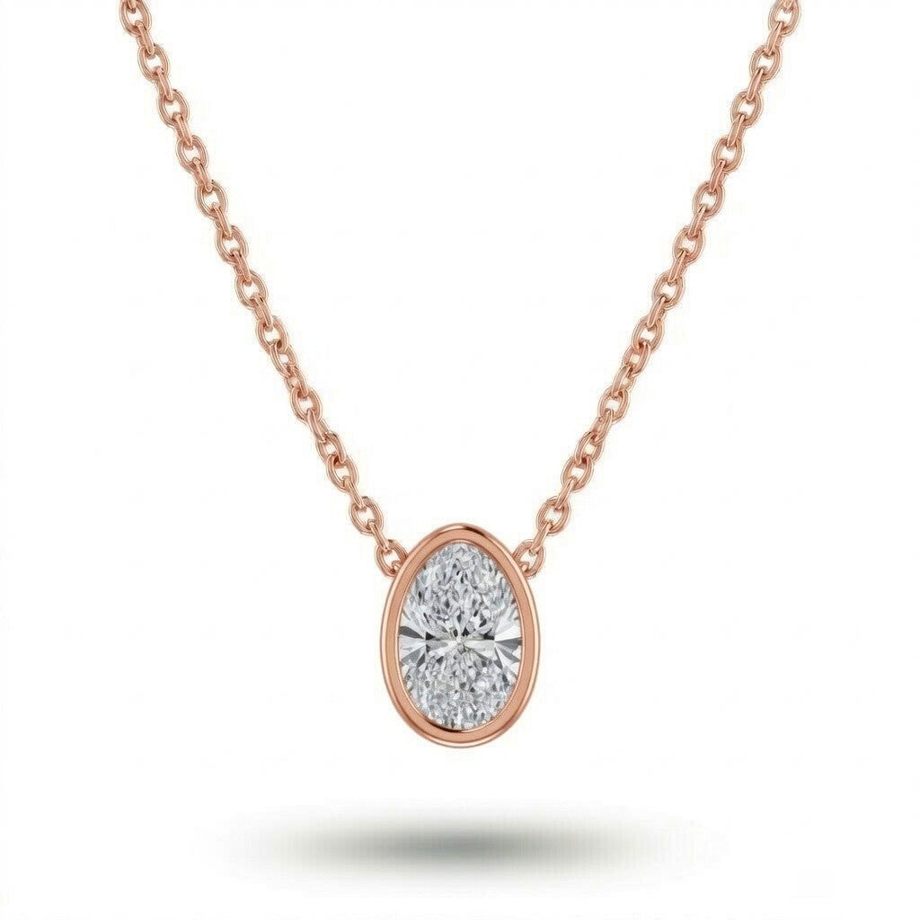 Rose Gold Oval Brilliant Orlisse Diamond Bezel Set Solitaire Pendant Necklace With Minimal Floating Design
