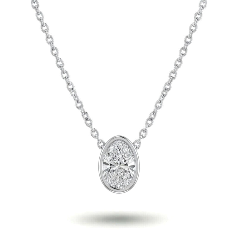 White Gold Oval Brilliant Orlisse Diamond Bezel Set Solitaire Pendant Necklace With Minimal Floating Design