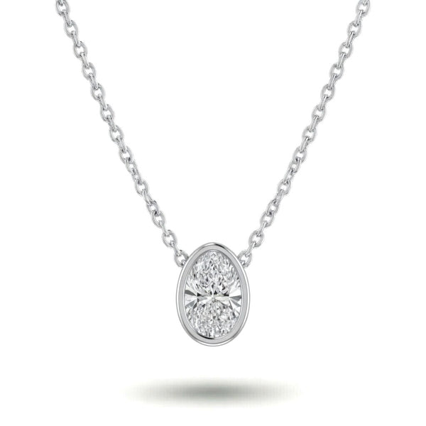 Silver Oval Brilliant Orlisse Diamond Bezel Set Solitaire Pendant Necklace With Minimal Floating Design