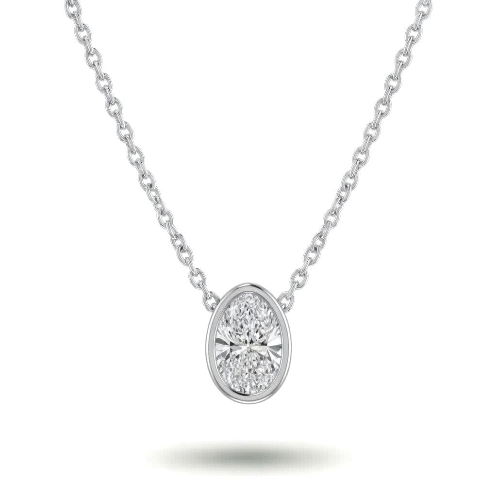 Silver Oval Brilliant Orlisse Diamond Bezel Set Solitaire Pendant Necklace With Minimal Floating Design