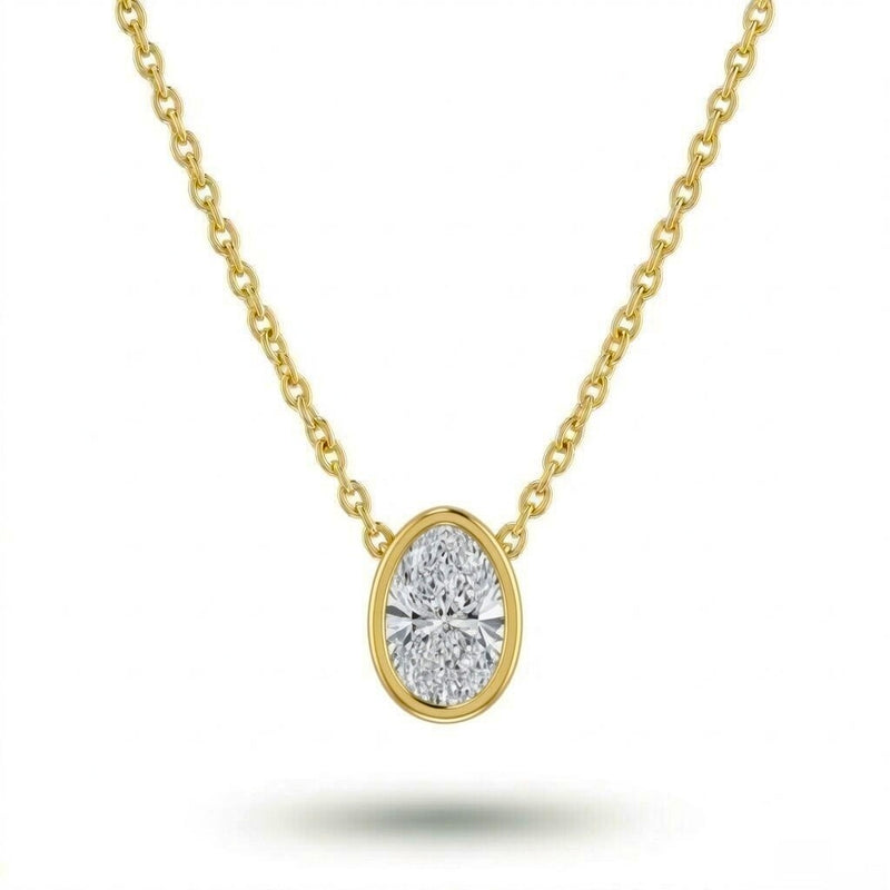 Yellow Gold Oval Brilliant Orlisse Diamond Bezel Set Solitaire Pendant Necklace With Minimal Floating Design