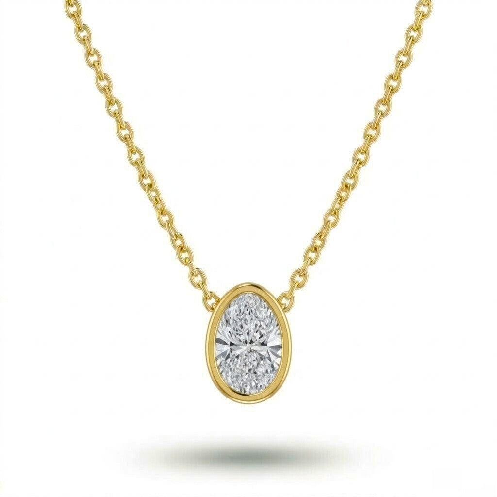 Yellow Gold Oval Brilliant Orlisse Diamond Bezel Set Solitaire Pendant Necklace With Minimal Floating Design