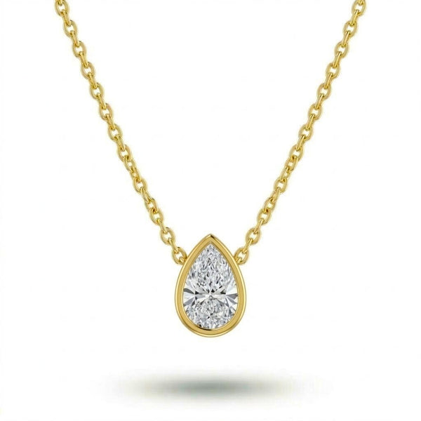 Yellow Gold Pear Brilliant Orlisse Diamond Bezel Set Solitaire Pendant Necklace With Minimal Floating Design