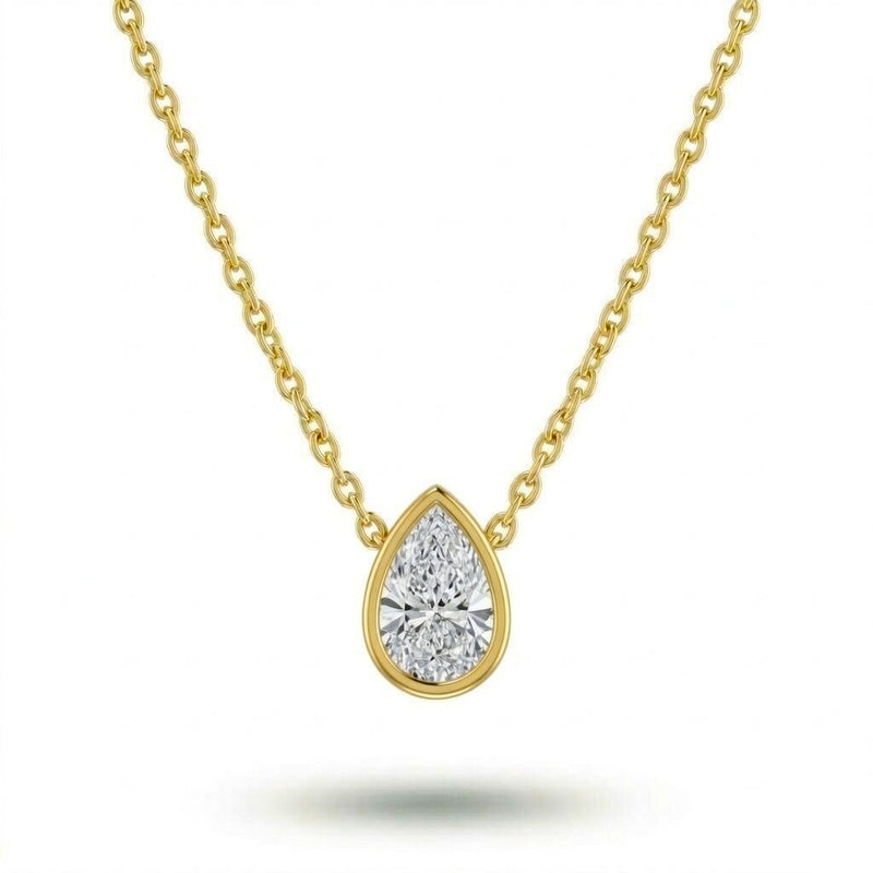 Yellow Gold Pear Brilliant Orlisse Diamond Bezel Set Solitaire Pendant Necklace With Minimal Floating Design