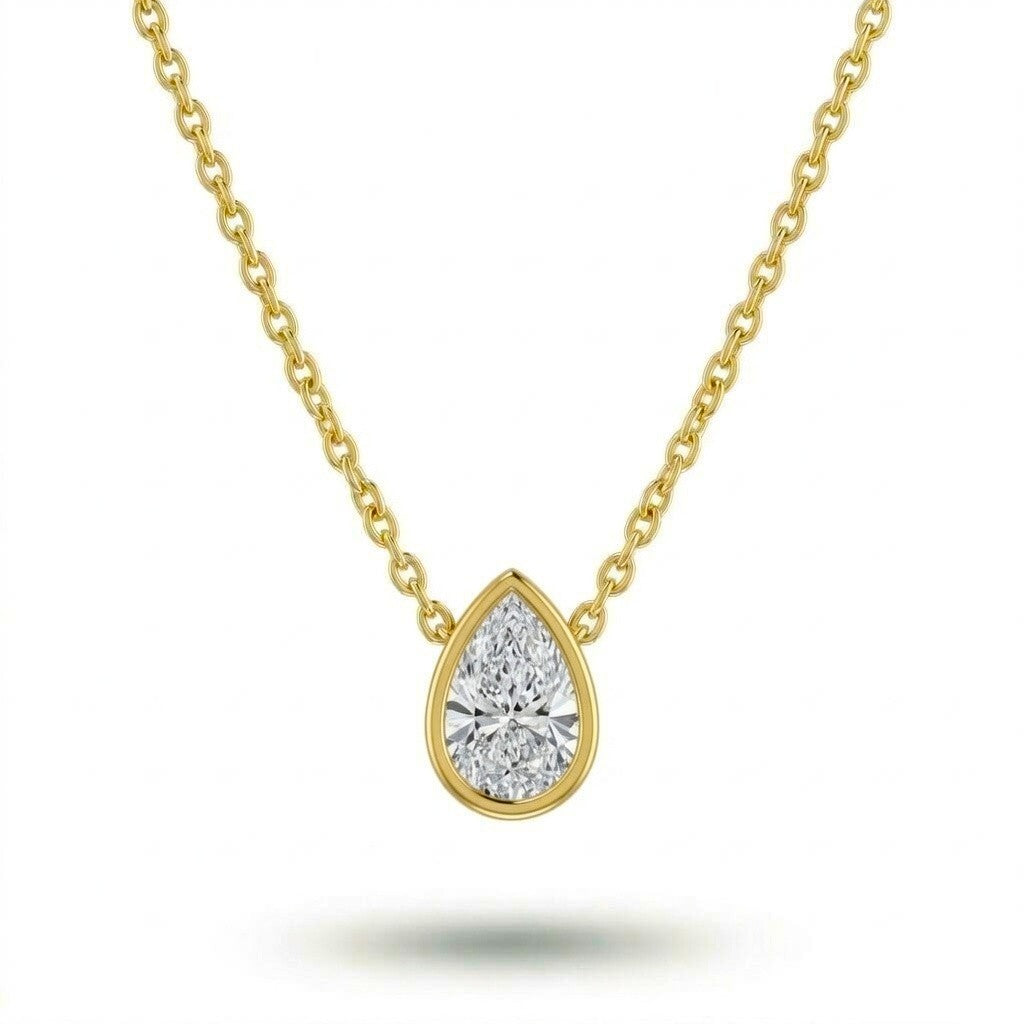 Yellow Gold Pear Brilliant Orlisse Diamond Bezel Set Solitaire Pendant Necklace With Minimal Floating Design