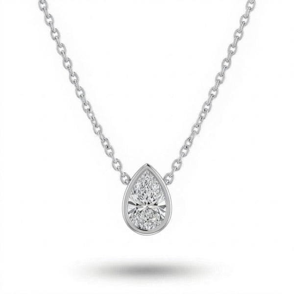 Silver Pear Brilliant Orlisse Diamond Bezel Set Solitaire Pendant Necklace With Minimal Floating Design