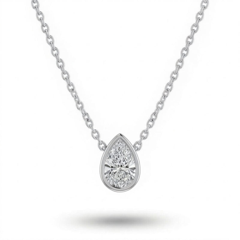 Silver Pear Brilliant Orlisse Diamond Bezel Set Solitaire Pendant Necklace With Minimal Floating Design