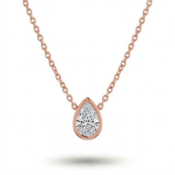 Rose Gold Pear Brilliant Orlisse Diamond Bezel Set Solitaire Pendant Necklace With Minimal Floating Design