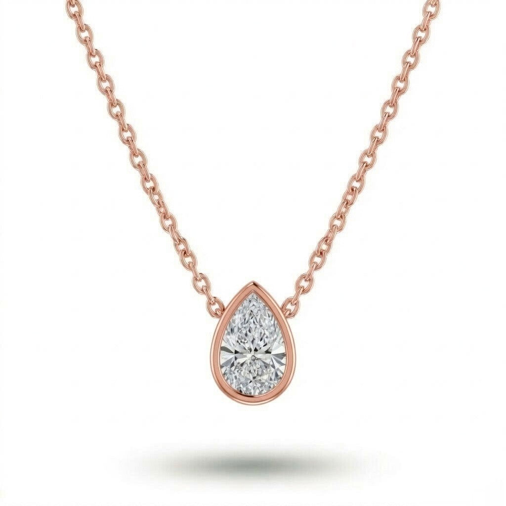 Rose Gold Pear Brilliant Orlisse Diamond Bezel Set Solitaire Pendant Necklace With Minimal Floating Design
