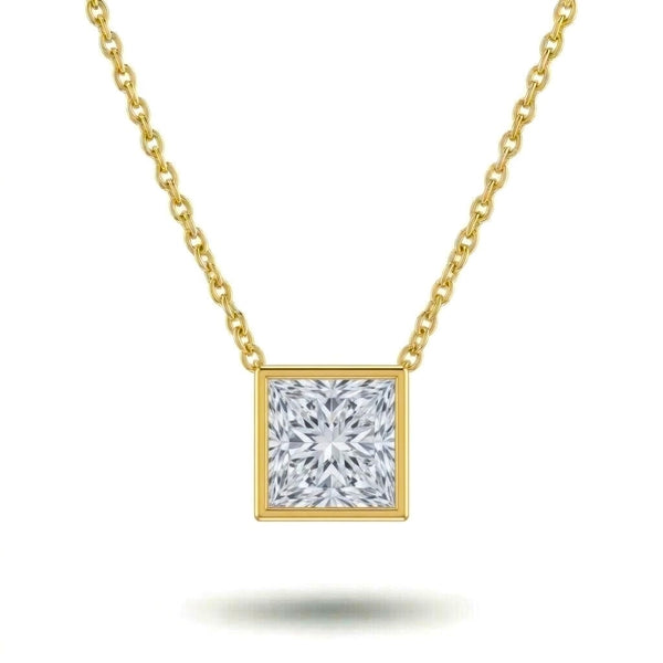 Yellow Gold Princess Brilliant Orlisse Diamond Bezel Set Solitaire Pendant Necklace With Minimal Floating Design