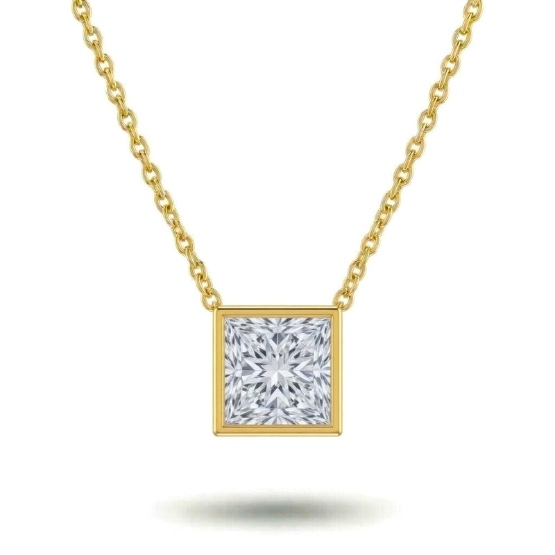 Yellow Gold Princess Brilliant Orlisse Diamond Bezel Set Solitaire Pendant Necklace With Minimal Floating Design