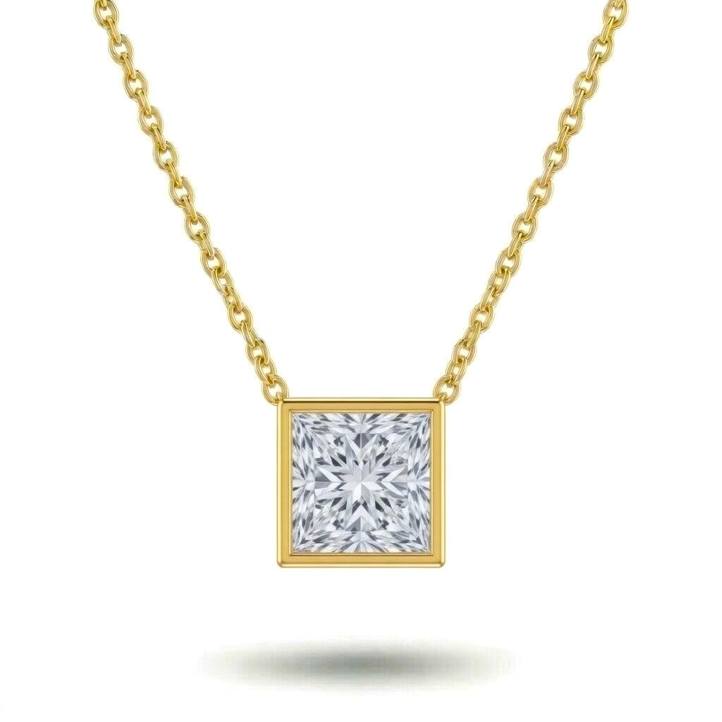 Yellow Gold Princess Brilliant Orlisse Diamond Bezel Set Solitaire Pendant Necklace With Minimal Floating Design