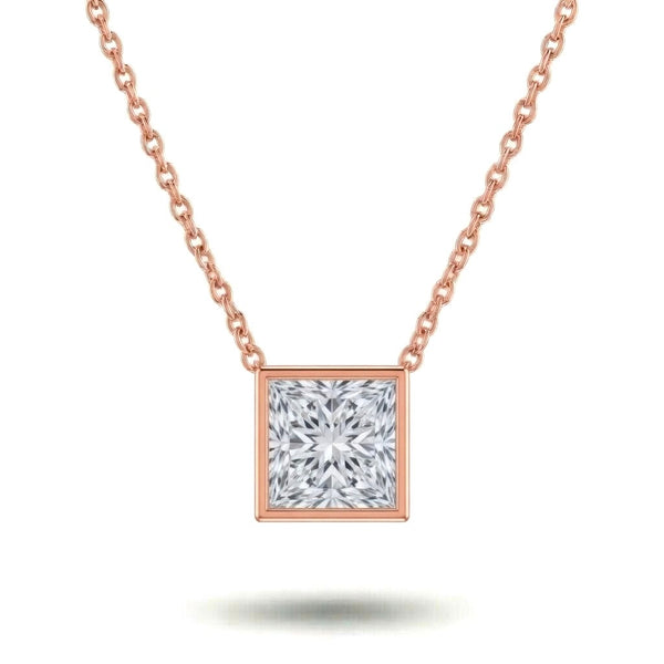 Rose Gold Princess Brilliant Orlisse Diamond Bezel Set Solitaire Pendant Necklace With Minimal Floating Design