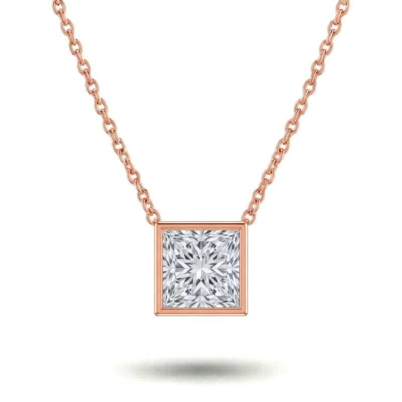 Rose Gold Princess Brilliant Orlisse Diamond Bezel Set Solitaire Pendant Necklace With Minimal Floating Design