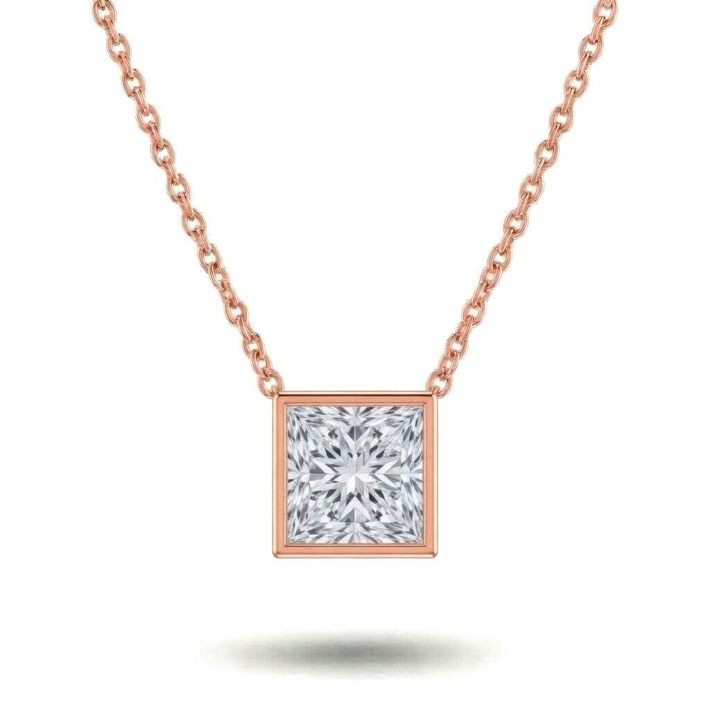 Rose Gold Princess Brilliant Orlisse Diamond Bezel Set Solitaire Pendant Necklace With Minimal Floating Design
