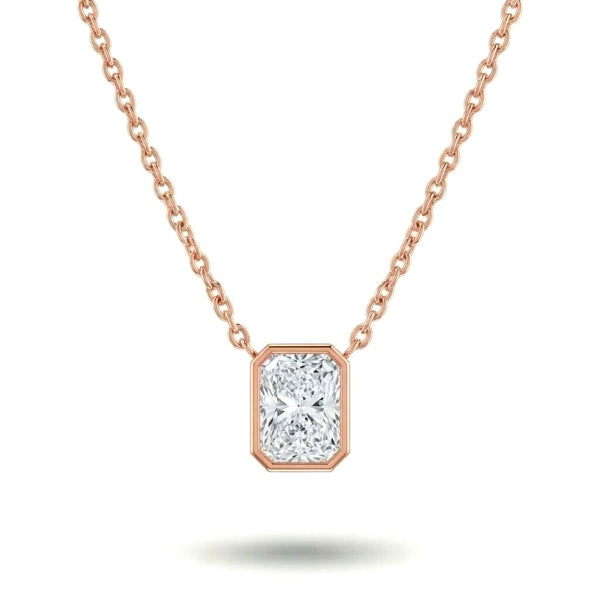 Rose Gold Radiant Brilliant Orlisse Diamond Bezel Set Solitaire Pendant Necklace With Minimal Floating Design
