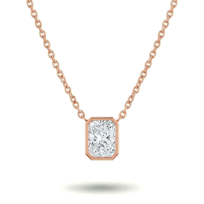 Rose Gold Radiant Brilliant Orlisse Diamond Bezel Set Solitaire Pendant Necklace With Minimal Floating Design