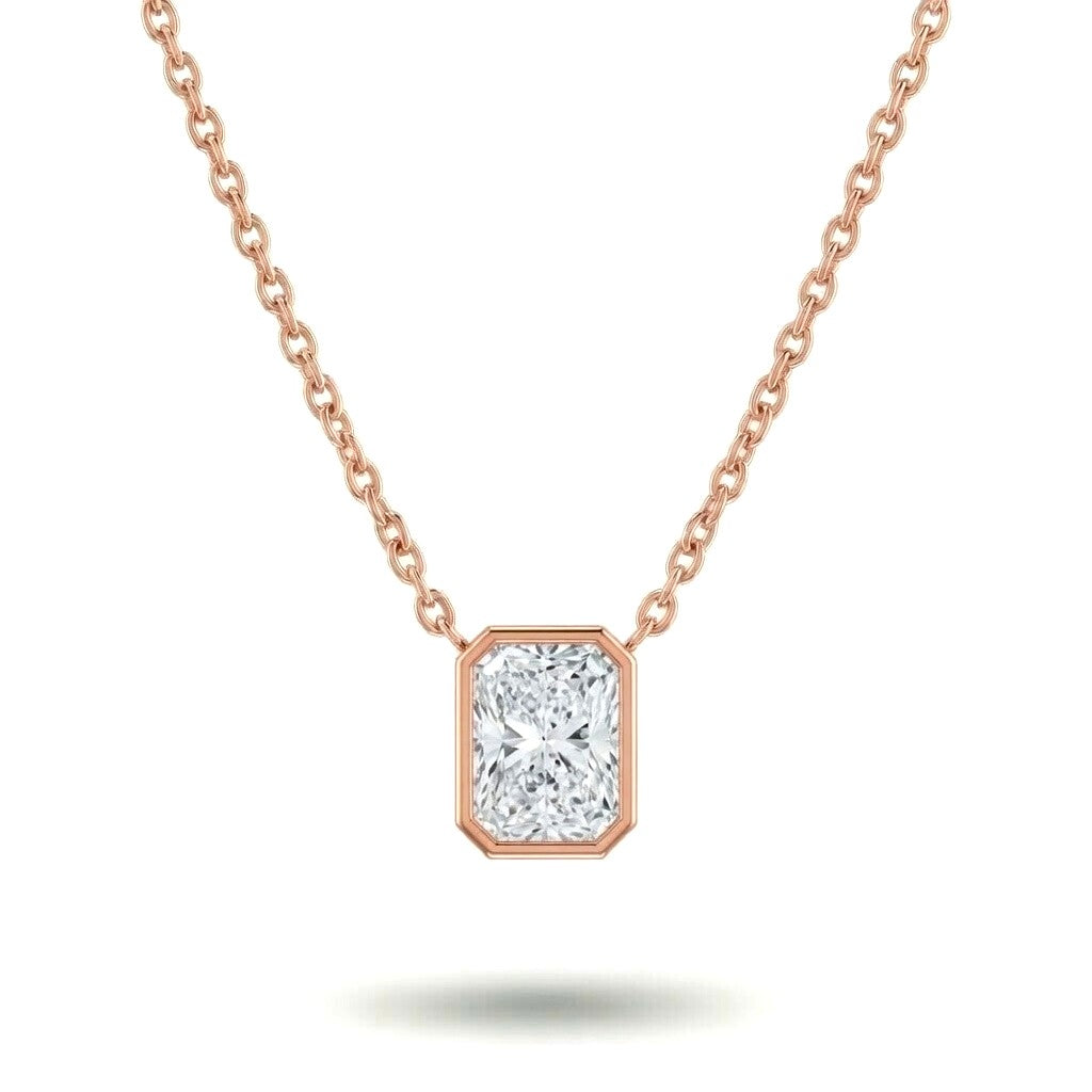 Rose Gold Radiant Brilliant Orlisse Diamond Bezel Set Solitaire Pendant Necklace With Minimal Floating Design